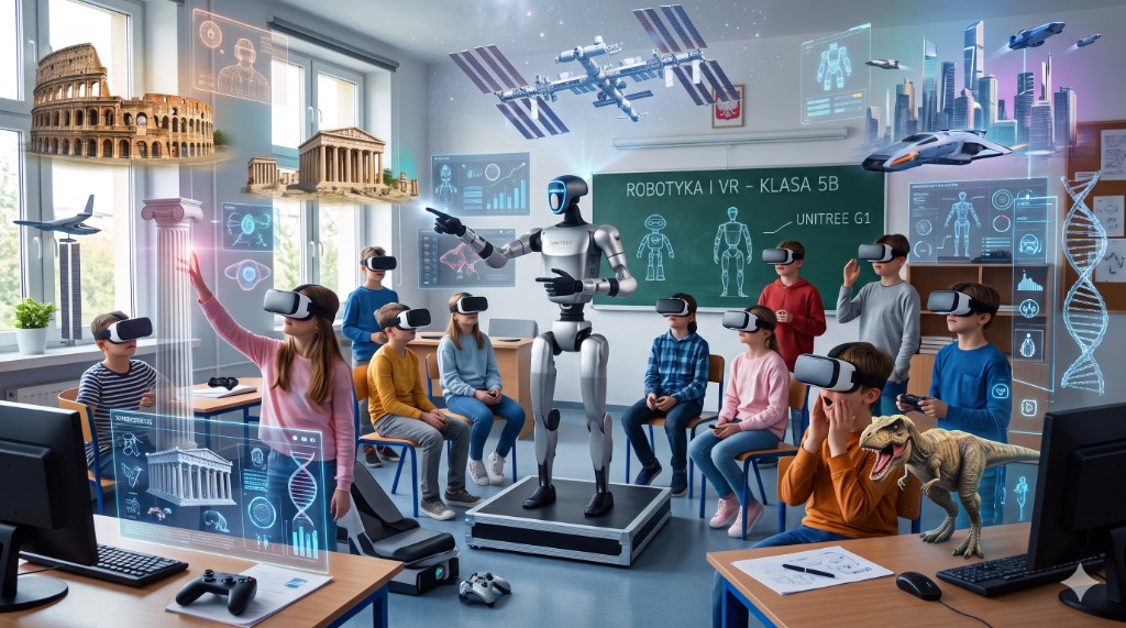 Robot Unitree G1 prowadzi zajęcia w klasie — dzieci w goglach VR odkrywają holograficzne modele Koloseum, Partenonu i kolumn greckich